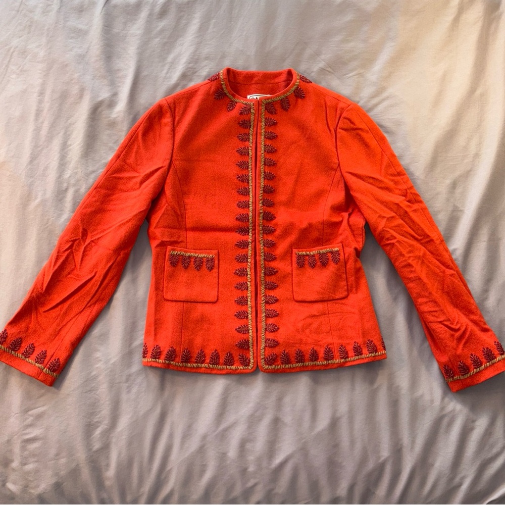 Carlisle Blazer Size 10 Orange Rust Embroidered Wool Angora Cashmere Fall Career